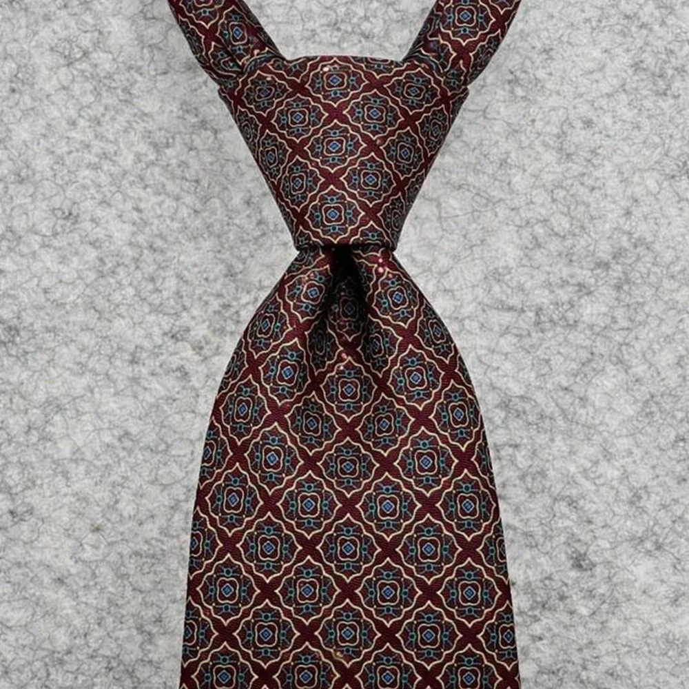 Christian Dior Mens Silk Tie Burgundy Geometric Medallion Woven Italy USA Luxury